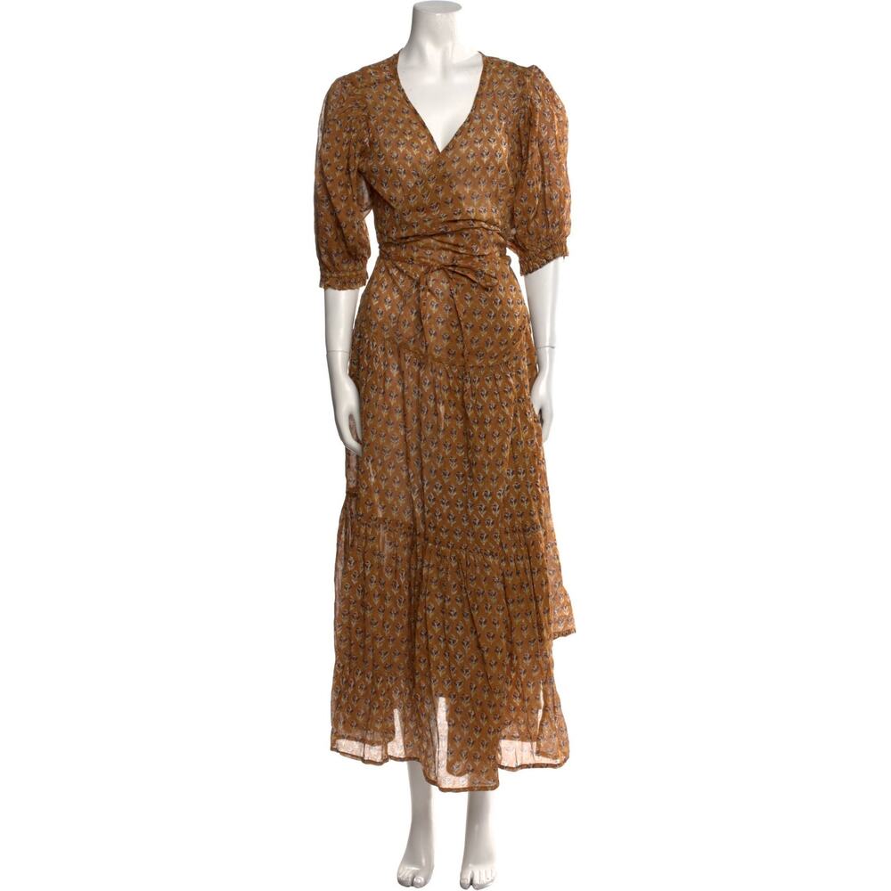 Daughters Of India Brown‎ Floral Cotton Prairie Wrap Midi Dress XS - Cottagecore